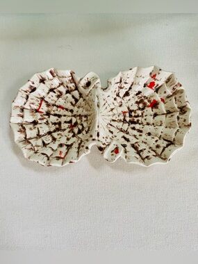 VTG Ashtray Split Shell Glazed Pottery Brown Orange Splatter Trinket Dish  MCM